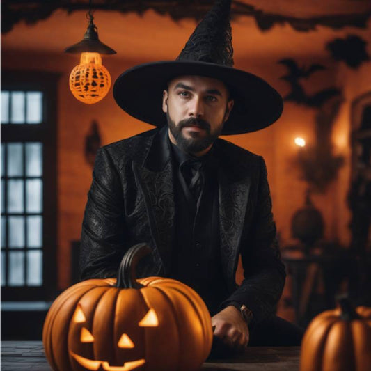 A man in a witch hat sitting at a table with pumpkins.