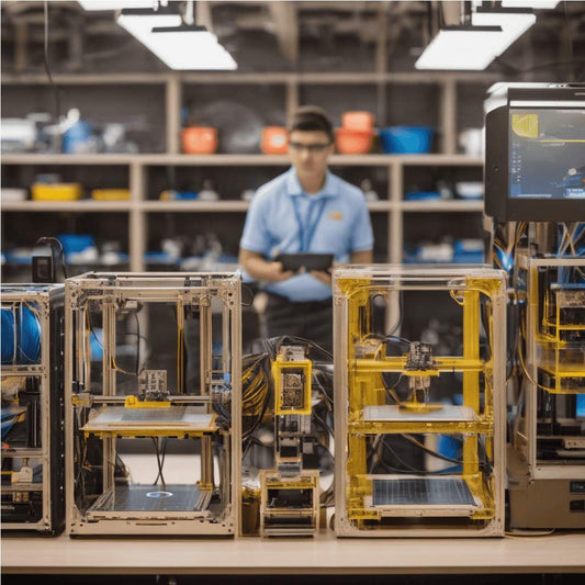 A man is standing in front of several 3d printers.