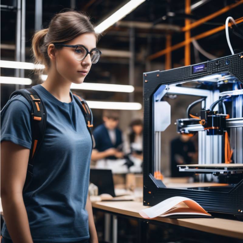 A woman in glasses is looking at a 3d printer.