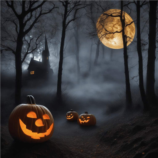 Three pumpkins in the woods with a full moon in the background.