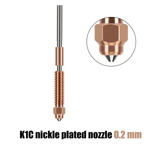 Here's an image of the Ender 3 V3 K1C K1 Max Nozzle Nickel Plated by 3D Printing Perth - Cirrus Link, featuring a 0.2 mm tip perfect for the Ender-3 V3 K1 Max Nozzle. The close-up inset of the nozzle tip showcases its precision, ensuring high-quality results in your 3D printing projects.