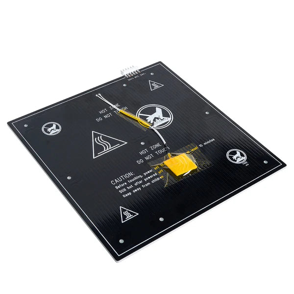 The MINGDA Magician X2 Replacement Heated Platform is a black, square bed with warning labels, screw holes, and wiring—perfect as a replacement part for the Magician X2 3D printer.