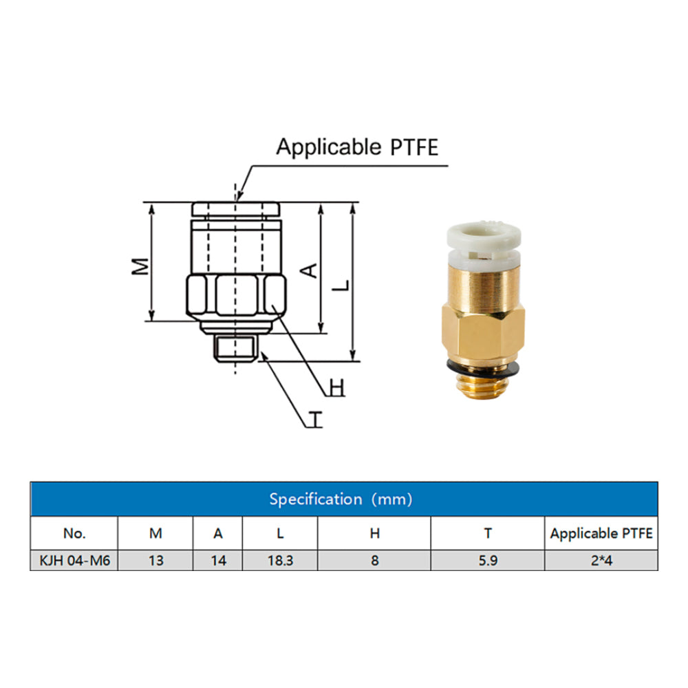 The technical diagram and image highlight the M6 Brass Remote Pneumatic Connector for Extruder, equipped with a 2mm Teflon tube, perfect for pneumatic connections. Refer to the specifications table below for details on model KJH 04-M6, including dimensions in millimeters and an M6 thread designed for precision fits. Offered by 3D Printing Perth - Cirrus Link.