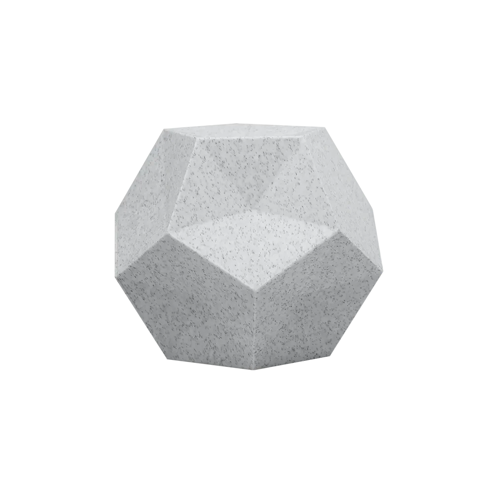 A faceted geometric sculpture, resembling a polyhedron with a smooth finish, 3D printed using Flashforge HS PLA 1.75mm filament in marble colour, is set against a plain light background.