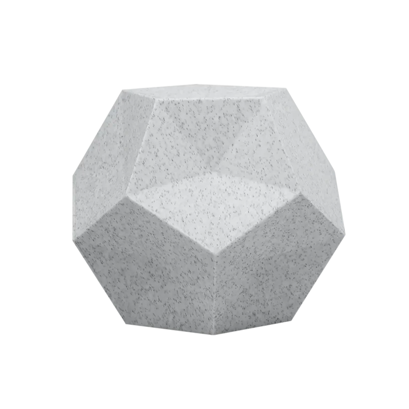 A faceted geometric sculpture, resembling a polyhedron with a smooth finish, 3D printed using Flashforge HS PLA 1.75mm filament in marble colour, is set against a plain light background.
