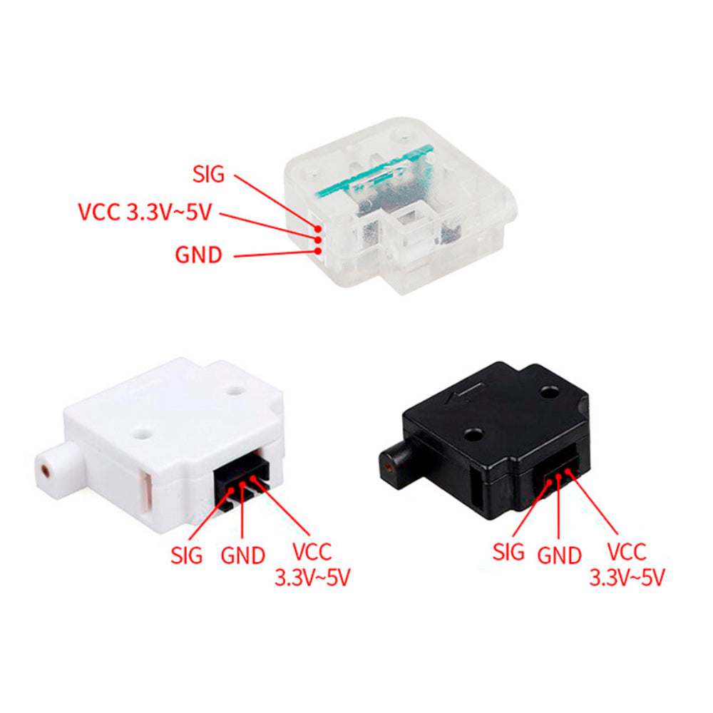 The "3D Printing Filament Detector" by 3D Printing Perth - Cirrus Link features components labeled "SIG," "GND," and "VCC 3.3V-5V" with advanced tech for precision. Available in black, white, or transparent, it's essential for 3D printing tasks to detect broken filament effectively.
