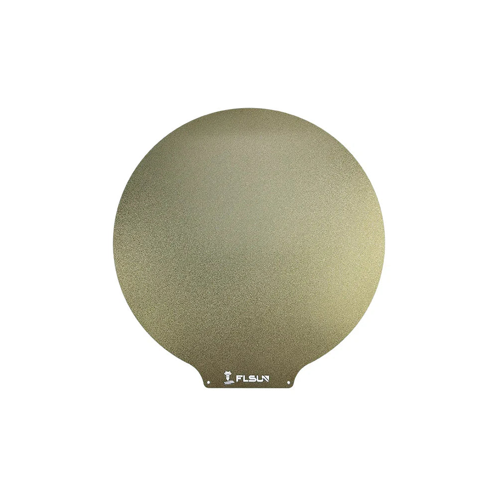 A circular Flsun V400 removable PEI Plate 300mm in a metallic gold color, this plate from FLSUN is compatible with the FLSUN V400.