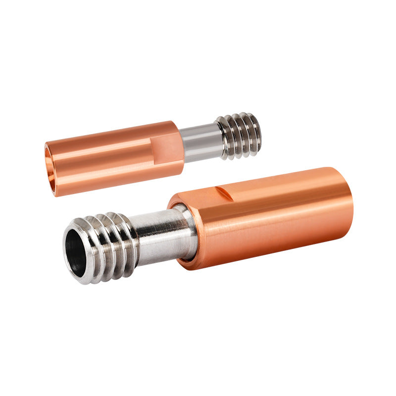 Two CR10 Titanium Alloy Copper Pipe and Throat M6 connectors from 3D Printing Perth - Cirrus Link, featuring threaded ends and made from copper, rest against a white background.