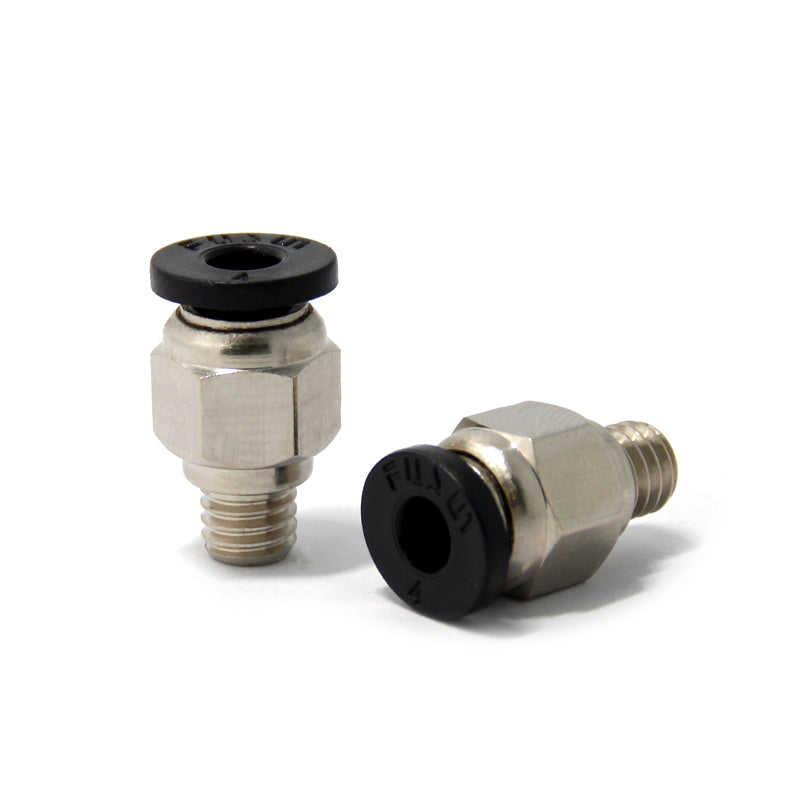The image displays two hexagonal fittings with black caps, reminiscent of essential 3D printer accessories. One is positioned upright and the other horizontally, highlighting their function as PC4 M6 Quick Connector Steel with a 4mm Teflon Tube. These fittings are presented against a clean white background and are from the brand 3D Printing Perth - Cirrus Link.