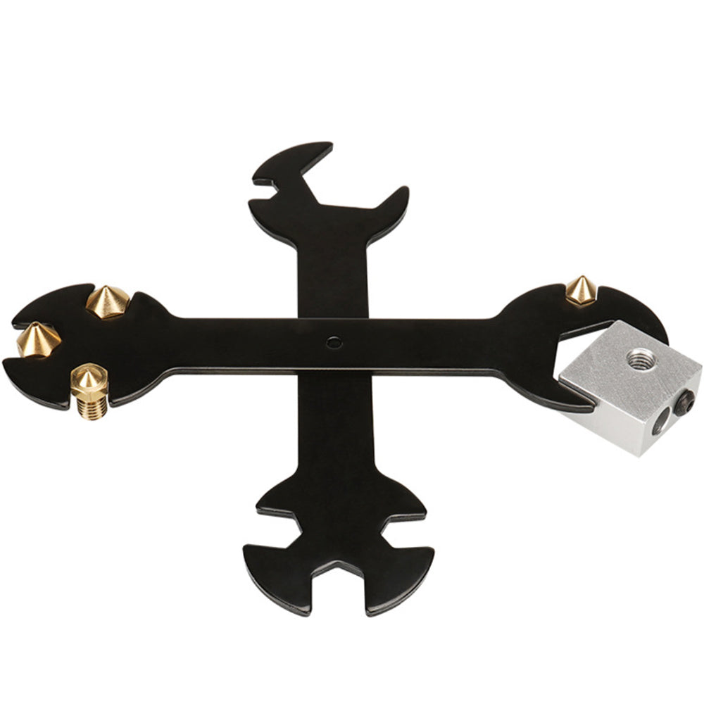 Introducing the Multifunctional Wrench from 3D Printing Perth - Cirrus Link, designed for 6mm, 7mm, 8mm, 9mm, and 20mm nozzles compatible with E3D MK8 MK10 and Volcano heat blocks. This black, cross-shaped metal tool features wrench ends with brass screws and a detachable silver metallic component. It's perfect for adding versatility and precision to your toolkit when adjusting nozzles on your 3D printers.