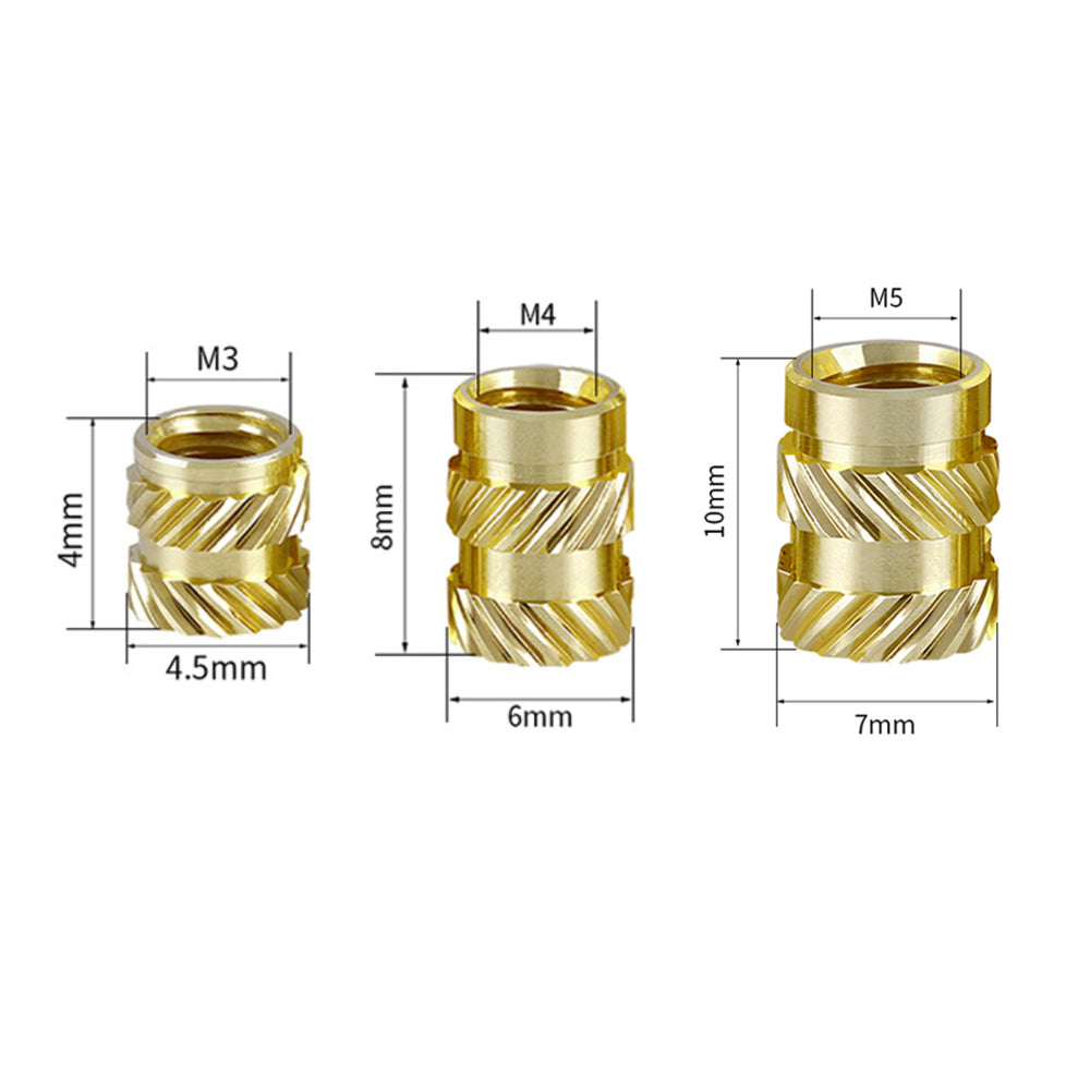 The Twill Knurled Copper Nut by 3D Printing Perth - Cirrus Link comes in sets of three ideal for 3D printer components, featuring M3 (4mm height, 4.5mm diameter), M4 (8mm height, 6mm diameter), and M5 (10mm height, 7mm diameter) dimensions.