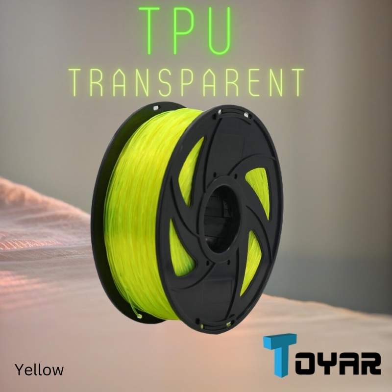 A spool of Toyar TPU Transparent 1.75mm filament is shown, perfect for flexible 3D printing projects, with the brand "Toyar" visible in the bottom right corner.