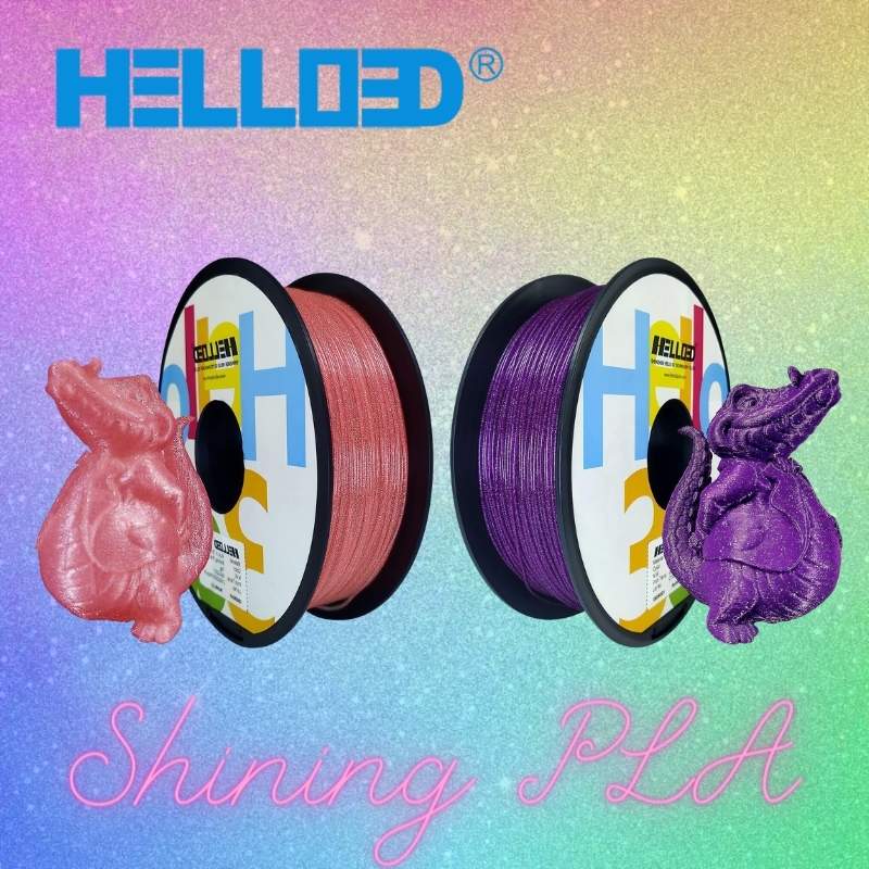A Hello3D rainbow colored PLA Shining filament with a bunny on it.