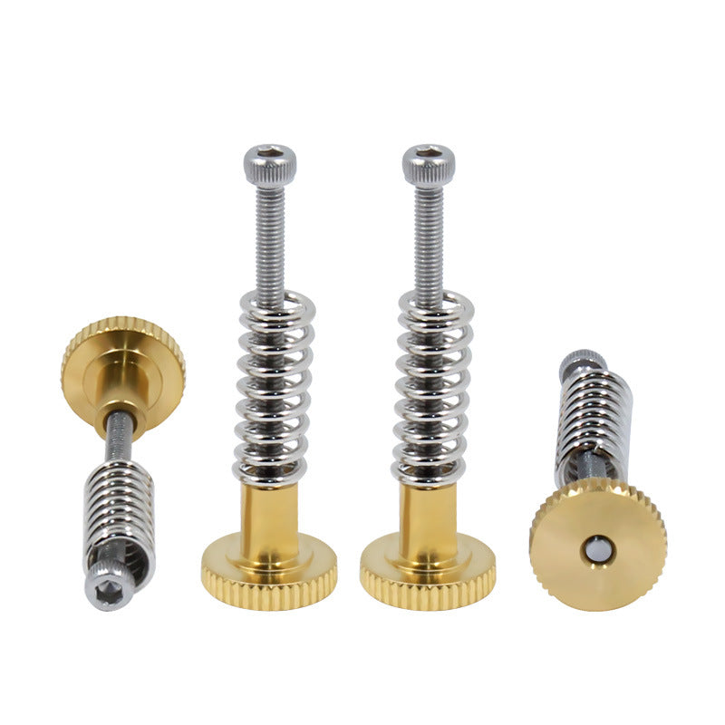The ASR Thermal Bed Support Kit for 3D Printers (4 pieces) features four metal leveling screws with gold-colored bases and silver springs—perfect for an M3 3D printer bed spring upgrade and shown on a white background.