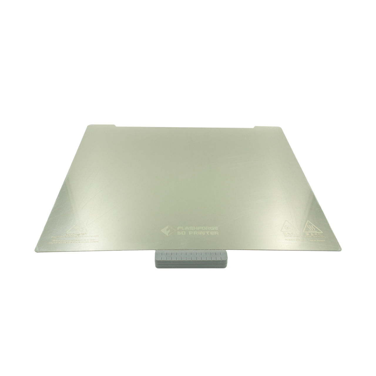 The Flexible Build Plate for Flashforge Adventurer 4 Pro from Flashforge is flat and rectangular with a glossy surface that provides enhanced adhesion, and it includes a small handle at the bottom center to facilitate easy removal.