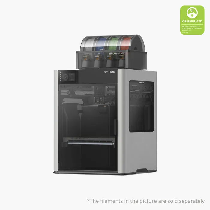 The Bambu Lab H2D 3D Printer by Bambu Lab supports dual-nozzle 3D printing, features multiple filament spools on top, and has a gray-and-black enclosure with a transparent front door for versatile, precise results.