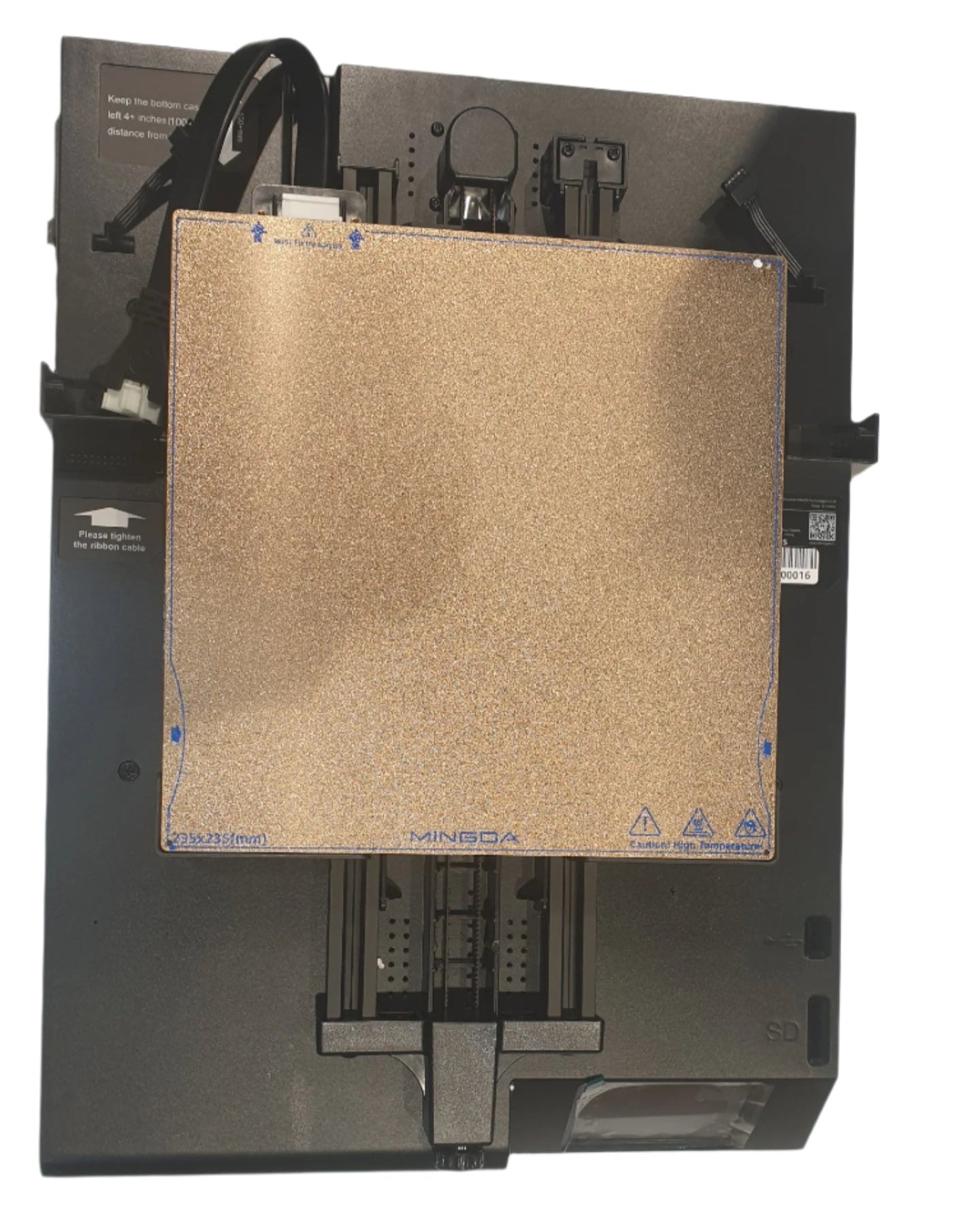 A top view of the Magician X2 Bottom Base Assembly by MINGDA shows its gold-colored heated bed marked "MINGDA" and wires connected at the upper edge.