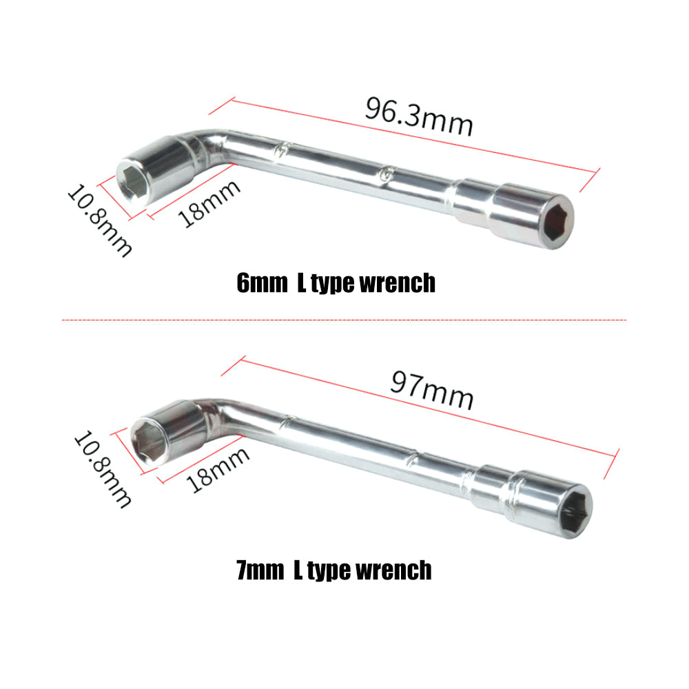 The 3D Printing Perth - Cirrus Link L-Type Socket Wrench is chrome-plated, precision-designed for MK8 nozzles, featuring dual heads of 6mm and 7mm, measuring 96.3mm and 97mm long, with widths of 10.8mm and 18mm for optimal performance.