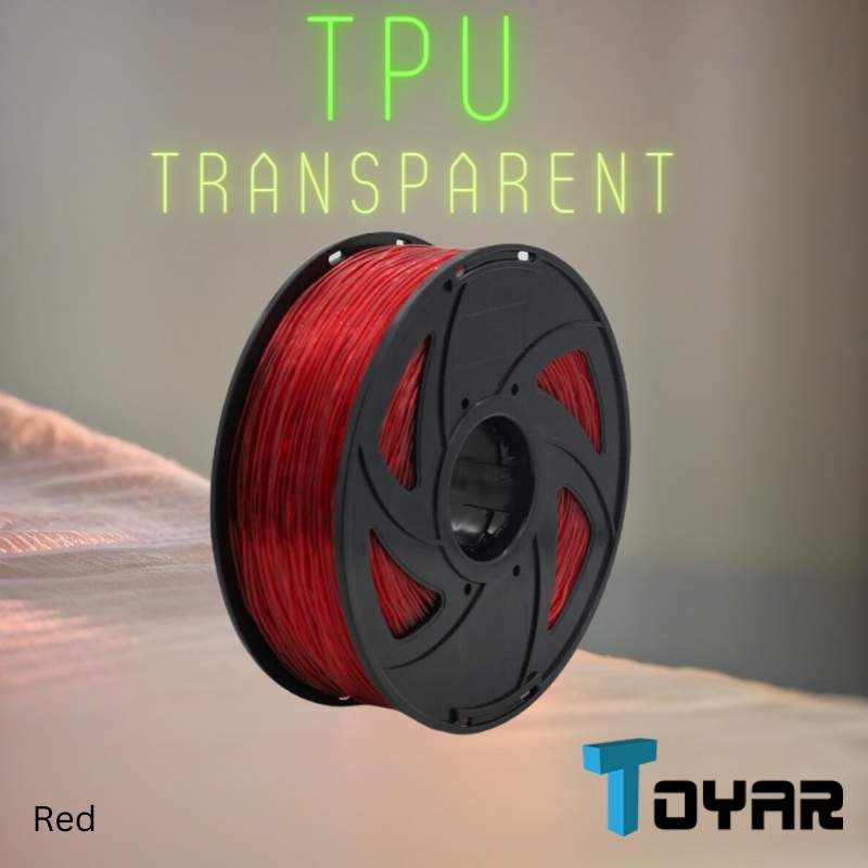 A spool of Toyar TPU Transparent 1.75mm 3D Printing Filament for flexible parts is shown on a surface, with “TPU TRANSPARENT” above and the Toyar logo in the corner.