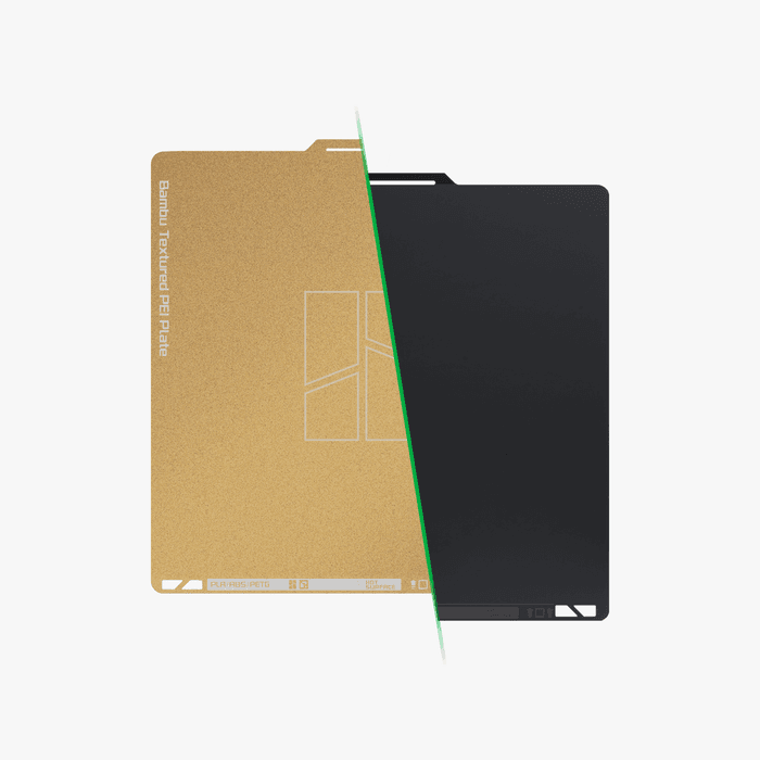 The Bambu Lab Bambu Dual-Texture PEI Plate – Smooth & Textured Finish for X1 Series is shown split vertically—one half displays a textured gold side, while the other features a smooth black finish.