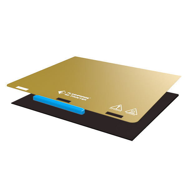 The PEI Sheet and Magnet Tape Assembly for the Guider Ⅱ Series by Flashforge enhances 3D printing precision with its layered design, featuring a gold PEI sheet, blue grip tab, and black base.