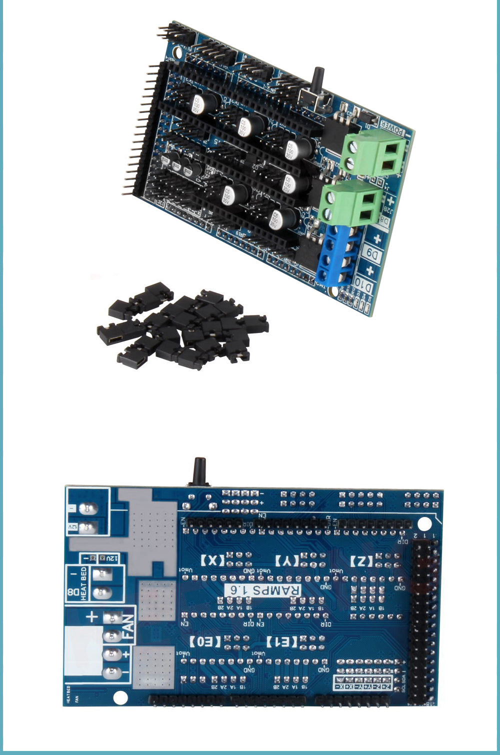 The image features the Ramps 1.6 3D Printer Control Board by 3D Printing Perth - Cirrus Link, depicting a blue motor driver board with connectors and pins next to black plastic components, all designed to enhance your 3D printing experience.