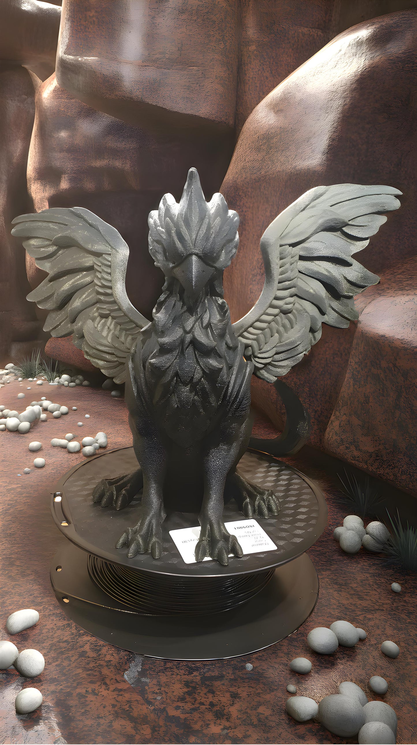 A black griffin statue with outstretched wings sits atop a spool of Hello3D PLA Magic Colour 1.75mm 3D Printing Filament by Hello3D, surrounded by rocky terrain and scattered white stones.