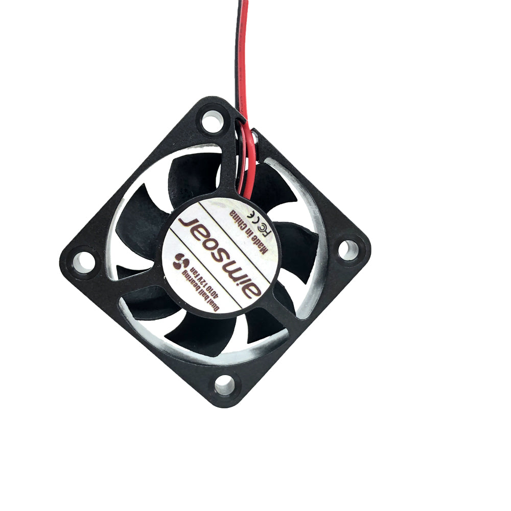 Introducing the Fan 4010 by 3D Printing Perth - Cirrus Link, a compact dual ball bearing 12V DC cooling fan with dimensions of 40x40x10mm. It operates at a speed of 6512 RPM, producing only 23 DBA of noise while delivering an airflow of 6.5 CFM at a current draw of just 0.1 A. This fan features a sleek black square design complemented by central labeling and comes with attached red and black wires, making it ideal for use in 3D printers.