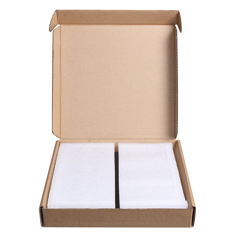 An open cardboard box unveils white foam padding perfectly arranged to fit components designed with precision from 3D Printing Perth - Cirrus Link, showcasing their Lattice Platform Glass Platform with a meticulously crafted 4mm thickness. The thoughtful design ensures optimal protection, highlighting attention to detail.