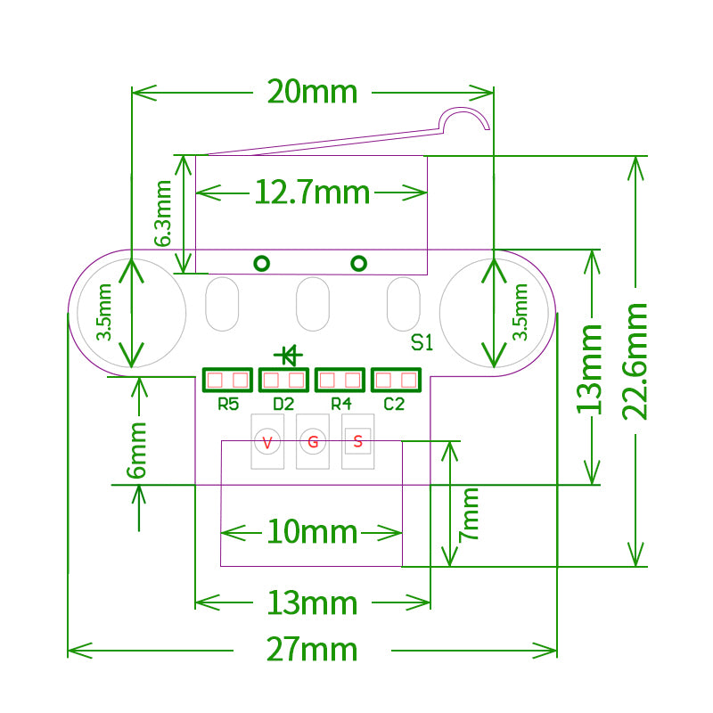 The Optical Endstop from 3D Printing Perth - Cirrus Link includes a technical diagram showing precise component dimensions and placements, detailing resistors, capacitors, and the optimal alignment for its optical switch, along with a 3-pin 50cm cable for limit control.
