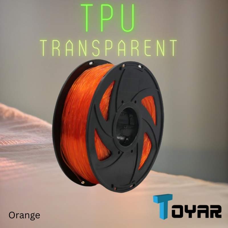 A spool of Toyar TPU Transparent 1.75mm 3D Printing Filament in orange, perfect for flexible projects, is shown with the brand "Toyar" and "orange" marked at the bottom left corner.