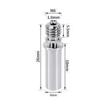 The Prusa Mini All Metal Throat by 3D Printing Perth - Cirrus Link is precisely engineered from TC4 titanium alloy, featuring an M6 thread diameter, a 1.9mm small section, a robust 6mm base, an 18mm body length, and a total height of 26mm with a 5.5mm threaded section for versatile applications.