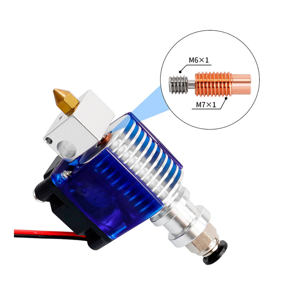 Close-up of a 3D printer nozzle with an E3D V6 Titanium Alloy Red Copper Throat Tube 175mm M6 by Cirrus Link. The diagram shows the M6x1 and M7x1 thread sizes, made from titanium alloy to boost 3D printing accessory performance.
