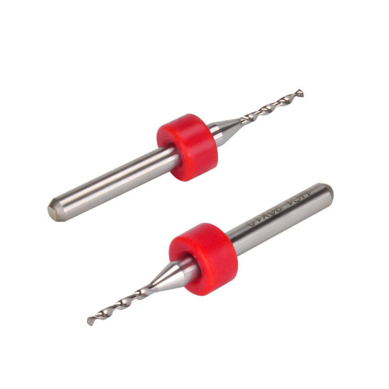 Two precision HSS drill bits with red collars, from the Clean Drill Mix Size Set 0.2mm to 1.2mm by 3D Printing Perth - Cirrus Link, lie side-by-side on a white background.
