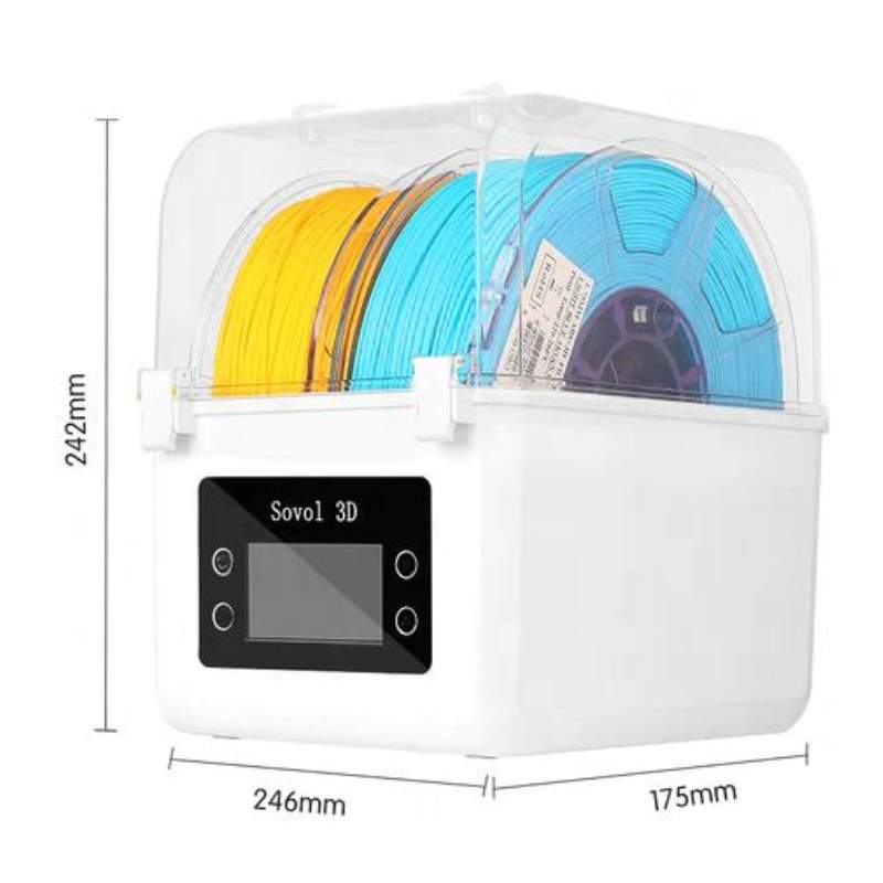 The SOVOL Sovol Filament Dual Bay Dryer SH01 is a white filament dryer box with a clear lid, digital display, space for two spools inside, and measures 246mm x 175mm x 242mm.