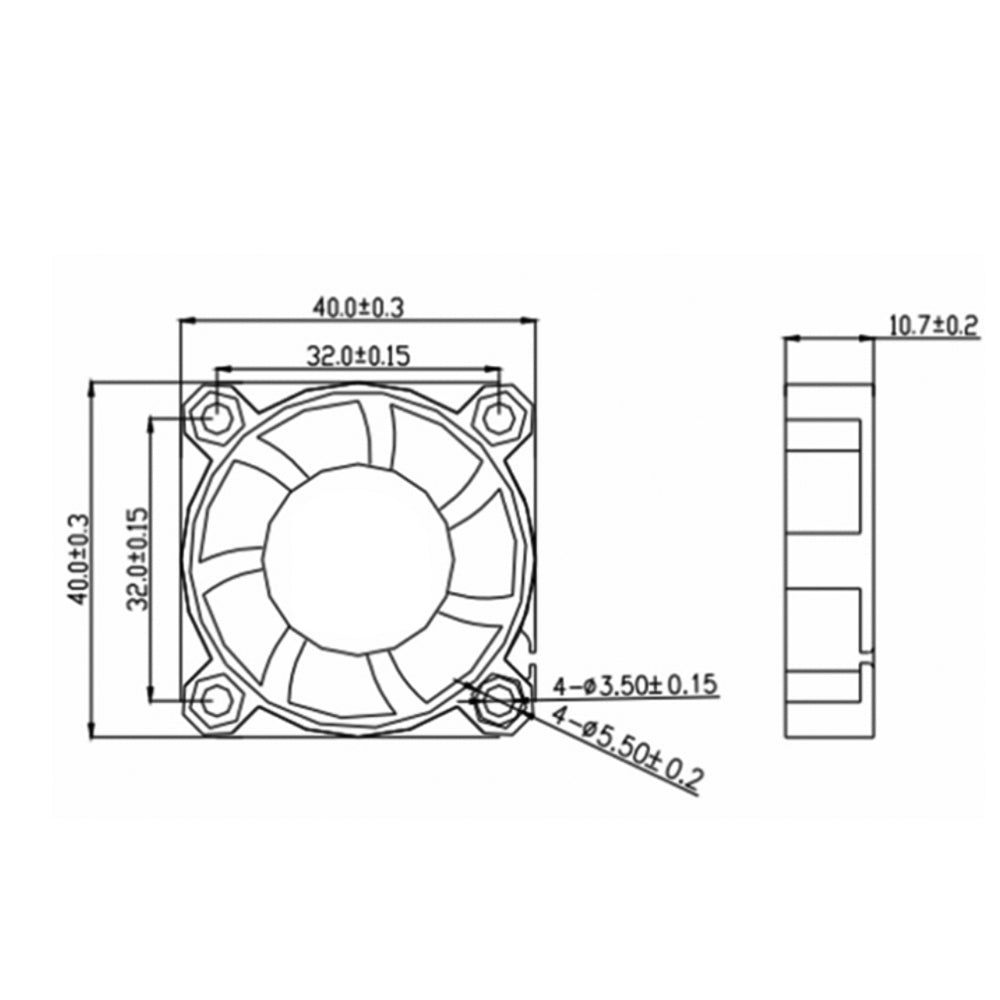 Technical drawing of the 24V 4010 DC Fan by 3D Printing Perth - Cirrus Link, featuring low noise operation and designed for superior airflow. The fan measures 40x40x10 mm and includes four screw holes with a diameter of 3.5 mm and spacing of 32 mm, making it perfect as a cooling fan for a 3D printer. Front and side views are provided.