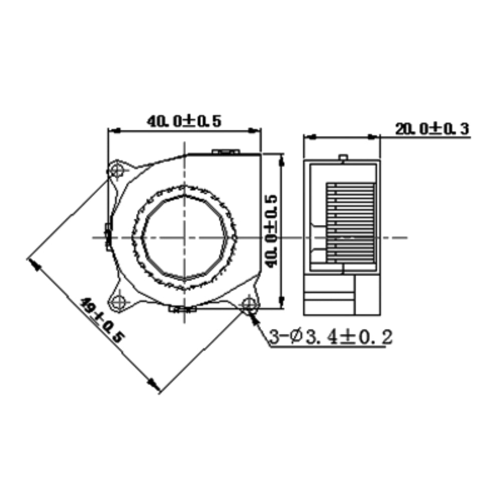 Technical diagram of a cooling fan component with dimensions: 40.0 ± 0.5 mm width and length, 20.0 ± 0.3 mm thickness. Features include a circular center and three mounting holes of 3.4 ± 0.2 mm, ideal for use with the Blower 4020 24V High Performance from the Cirrus Link range by 3D Printing Perth, or for achieving precision in various 3D printing projects.
