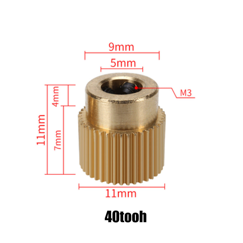 The Extruder Gear Wheel Brass 40 teeth from the brand 3D Printing Perth - Cirrus Link is engineered for precise filament feeding in 3D printers. It measures 11mm in height, has a diameter of 9mm, and includes a 5mm inner diameter with an M3 hole. It features two distinct sections measuring 4mm and 7mm respectively, and is marked as "40 teeth" for straightforward identification.
