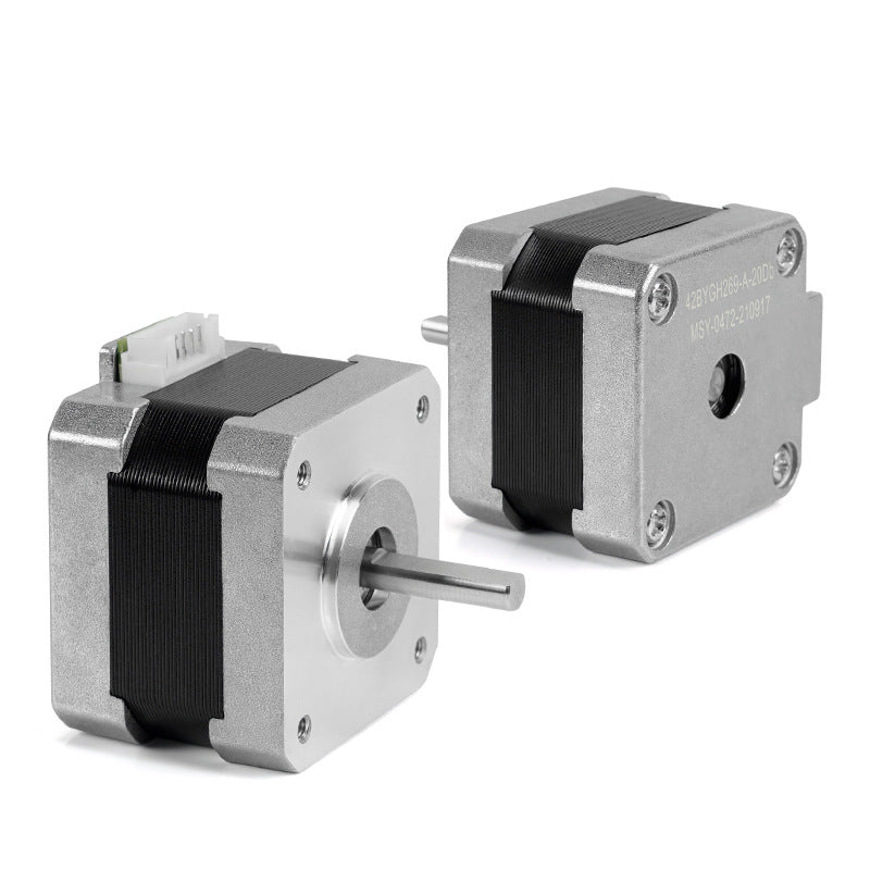 On a white backdrop, two 42 Stepper Motors, 32mm high with silver bodies and black sections from 3D Printing Perth - Cirrus Link, show their protruding shafts and front plate mounting holes. Ideal for CR-10 or Ender-3 applications, they offer precision and reliability.