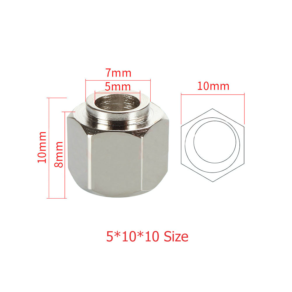 The Eccentric Nut Nickel Plated V Groove Hex Nut Inner Hole by 3D Printing Perth - Cirrus Link measures 7mm wide, 5mm inner diameter, and 10mm high. It's ideal for mechanical uses and compatible with 3D printing. Side and top views are labeled for clarity.