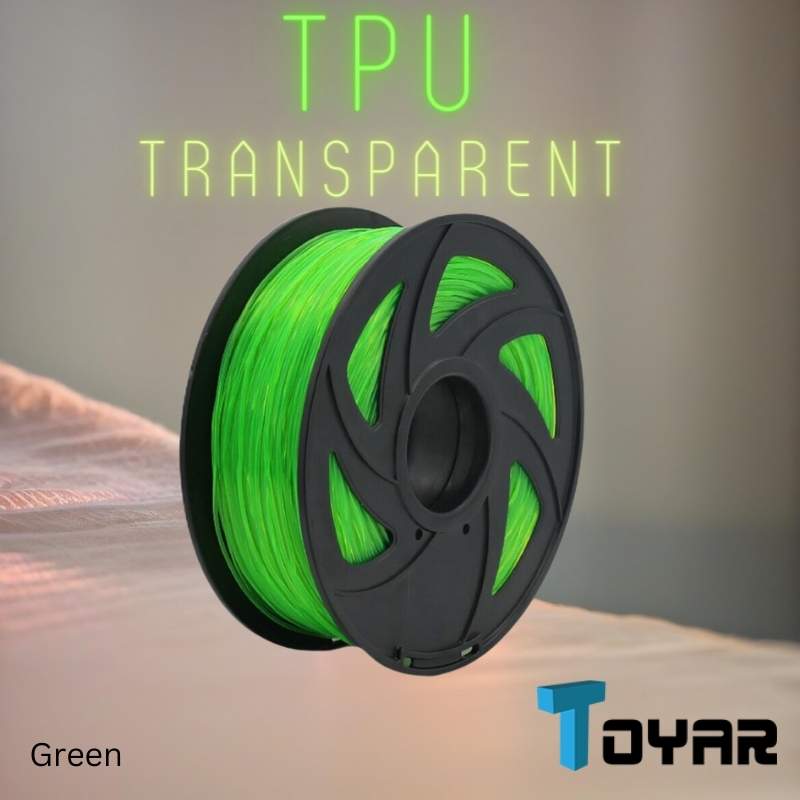 A spool of Toyar Filament - TPU Transparent 1.75mm is shown, ideal for 3D printing flexible projects. The brand "Toyar" and product name appear above the transparent green filament.