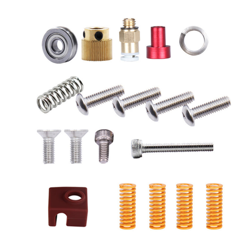 The CR10 Ender 3 Upgraded Extruder Kit by 3D Printing Perth - Cirrus Link features assorted metal and plastic hardware, including screws, springs, PETG tube, and a silicone case, shown arranged on a white background.