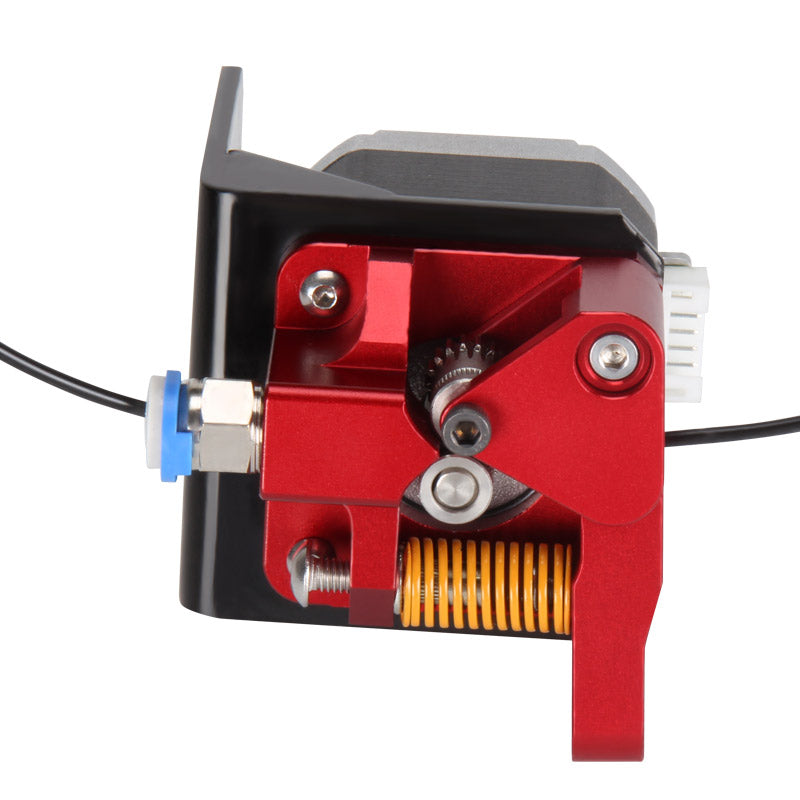 The Cr10 Red Extruder Left Hand 175mm by 3D Printing Perth - Cirrus Link is a red and black high-precision 3D printing component with a spring and feed gear to securely hold filament in place.