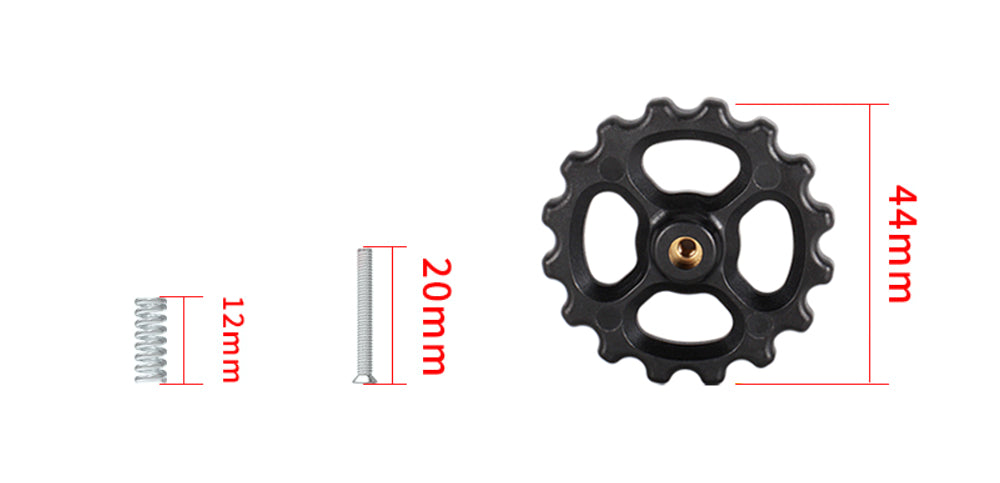 Image showing crucial components for 3D printer bed leveling included in the M3X20X44 Hot Bed Leveling Spring Kit by 3D Printing Perth - Cirrus Link: a 12mm leveling spring, a 20mm bolt, and a 44mm black gear wheel.