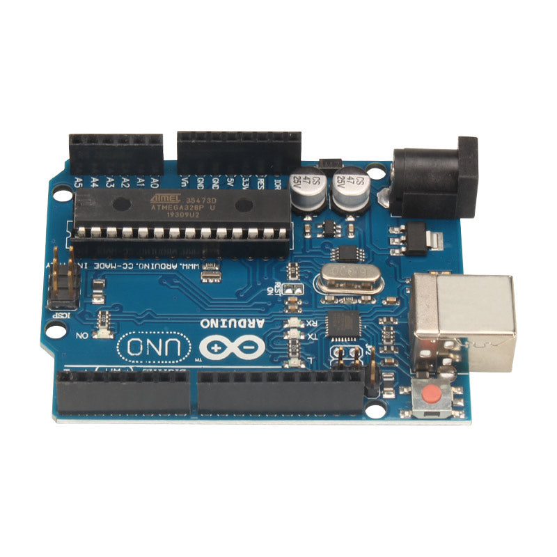 Arduino UNO R3 ATmega328P Microcontroller Development Board from 3D Printing Perth - Cirrus Link, with multiple pins and components on a blue PCB.