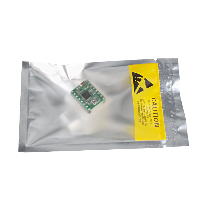Inside a silver antistatic bag with a yellow caution label, a compact circuit board showcases the durable A4988 Stepper Motor Driver Module by 3D Printing Perth - Cirrus Link.