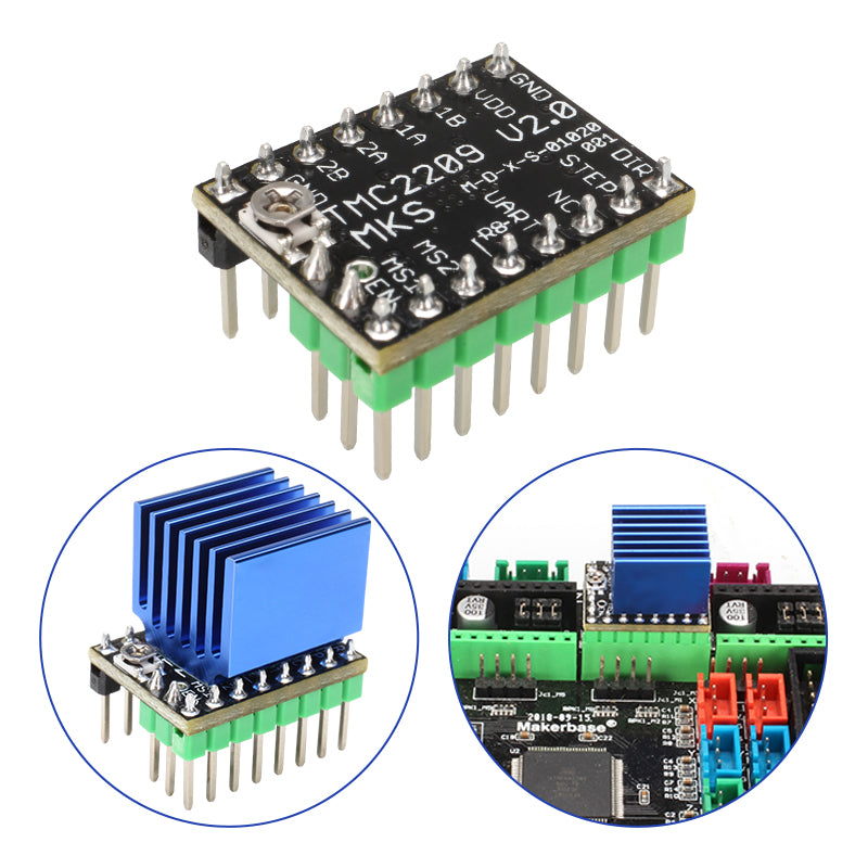 Close-up of the 3D Printing Perth - Cirrus Link TMC2209 Stepper Motor Driver Ultra Quiet High Current, featuring a heatsink and connectors, depicted from various angles on a circuit board to boost 3D printer performance.