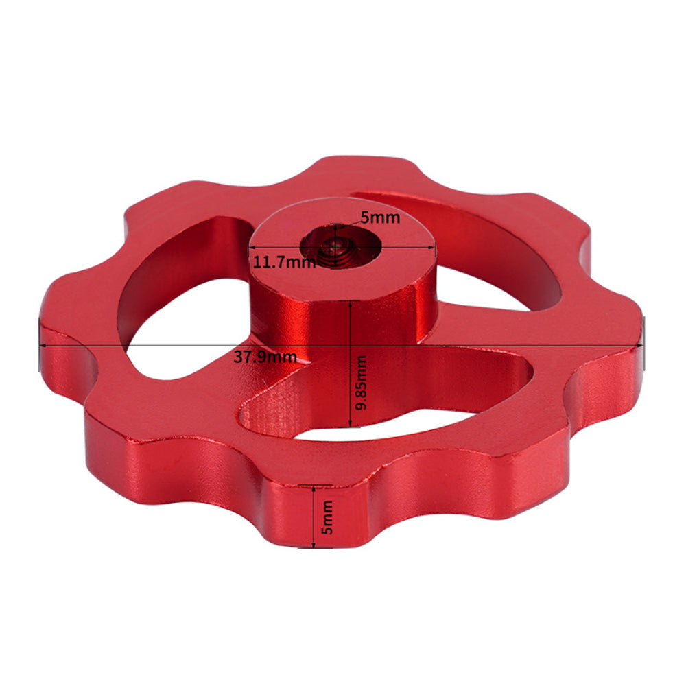 The Motor Manual Nut for the E-axis Extruder Hand Screw Nut by 3D Printing Perth - Cirrus Link is a durable, red, star-shaped metal piece labeled in millimeters: 11.7, 5, 37.9, and 9.85—ideal for smooth functionality as a nut component for a 42 Stepper Motor.