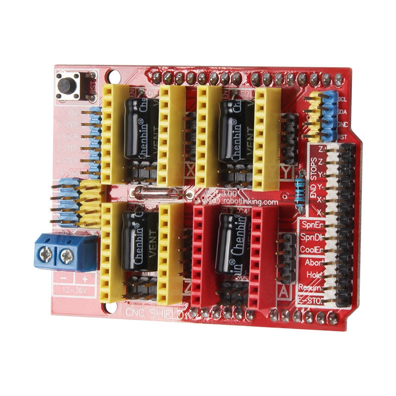 A close-up of a red CNC Shield V3 Engraving Machine Development Board by 3D Printing Perth - Cirrus Link features multiple pin connectors, yellow and blue terminal blocks, black chip slots, and printed labels for controls and power, ideal as an engraving machine or 3D printer expansion board.