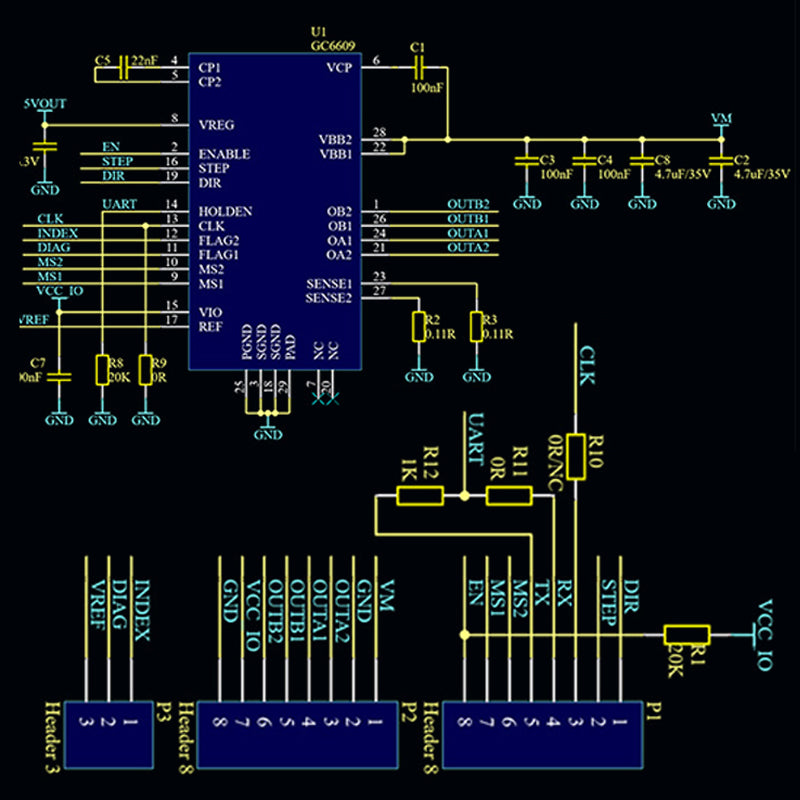 Circuit diagram showcasing a microcontroller module with labeled resistors, capacitors, and pins, featuring the 3D Printing Perth - Cirrus Link S6609 High Performance Stepper Motor Driver for precise control with 256 subdivision and current control.